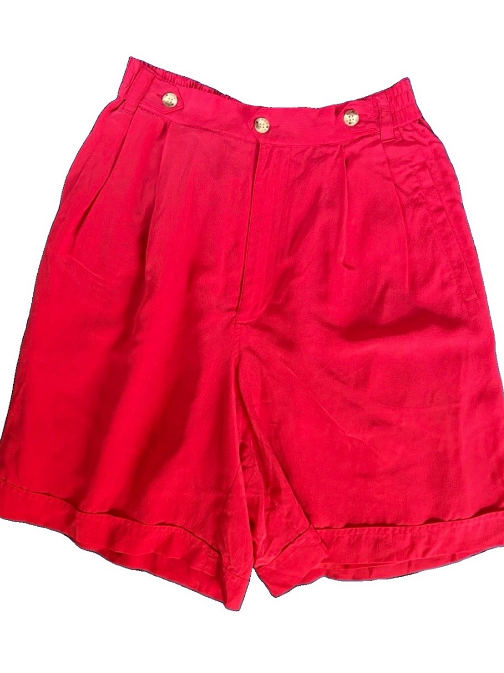 Xriss Xross Red Silk Pleated Bermuda Shorts Women’s S Elastic Waist Pockets